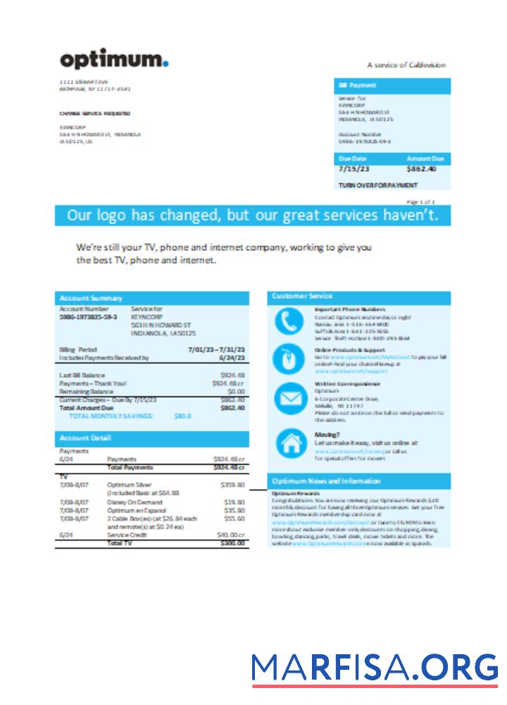 Realistic New York Optimum cablevision business bill, SCR example